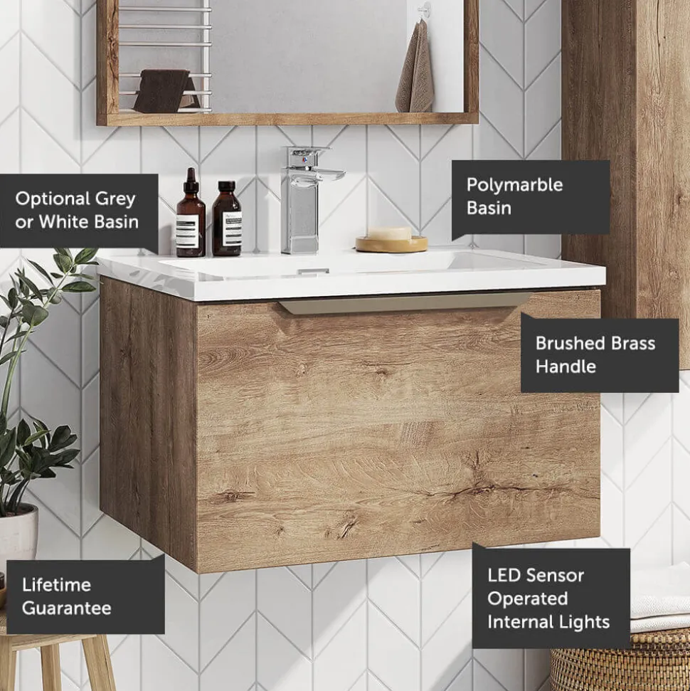 Harbour Virtue 600mm Wall Hung Vanity Unit with LED Illumination, Brushed Brass Handle & Basin