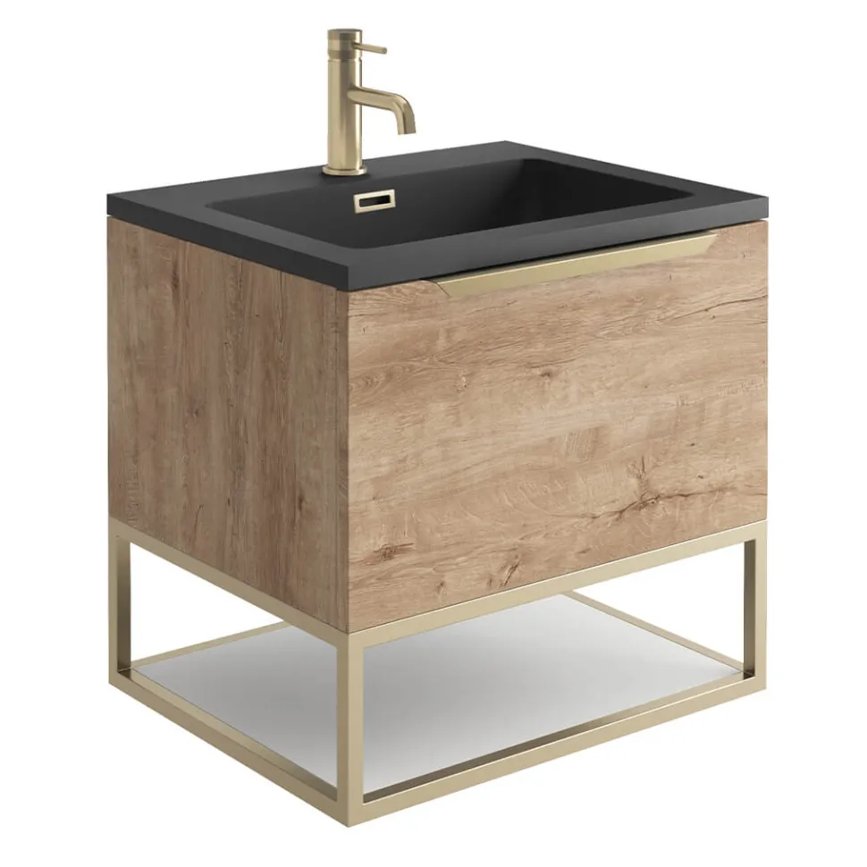 Harbour Virtue 600mm Wall Hung Vanity Unit with LED Illumination, Brushed Brass Frame Shelf and Handle & Basin