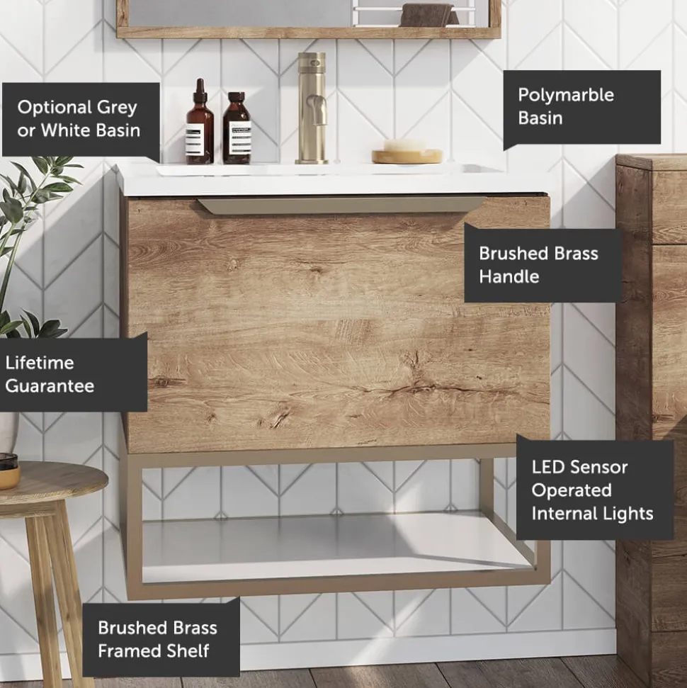 Harbour Virtue 600mm Wall Hung Vanity Unit with LED Illumination, Brushed Brass Frame Shelf and Handle & Basin
