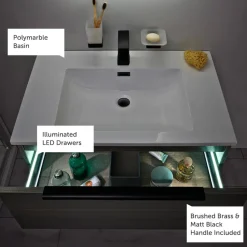Harbour Virtue 600mm Wall Hung Vanity Unit with LED Illumination, Brushed Brass Frame Shelf and Handle & Basin