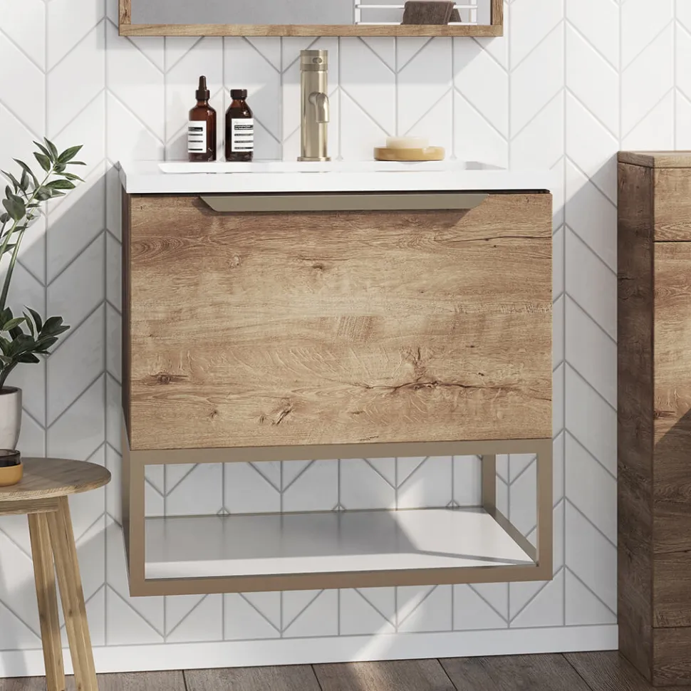 Harbour Virtue 600mm Wall Hung Vanity Unit with LED Illumination, Brushed Brass Frame Shelf and Handle & Basin