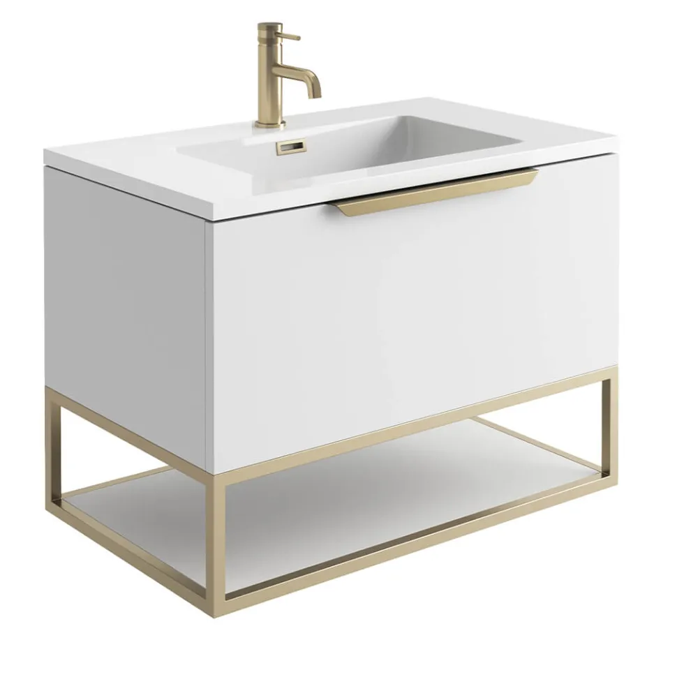 Harbour Virtue 800mm Wall Hung Vanity Unit with LED Illumination, Brushed Brass Frame Shelf and Handle & Basin
