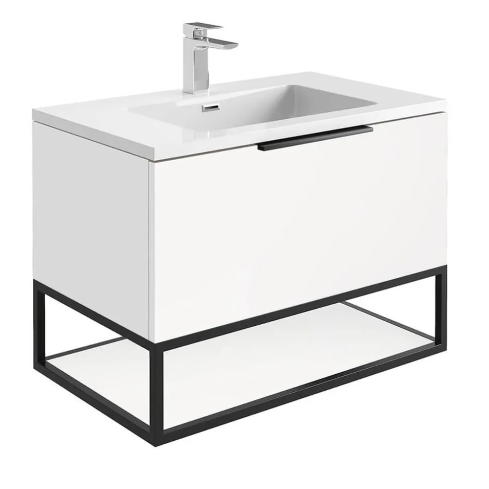Harbour Virtue 800mm Wall Hung Vanity Unit with LED Illumination, Matt Black Frame Shelf and Handle & Basin