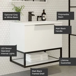 Harbour Virtue 800mm Wall Hung Vanity Unit with LED Illumination, Matt Black Frame Shelf and Handle & Basin