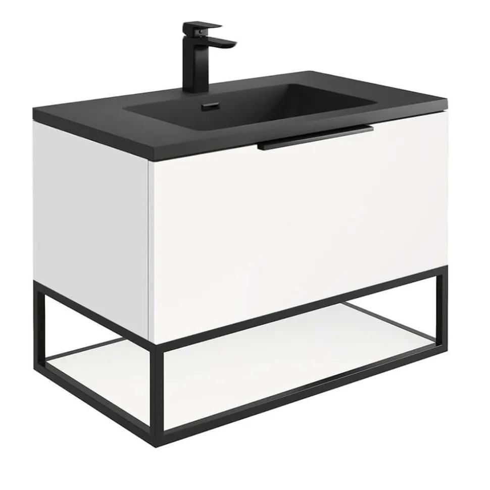Harbour Virtue 800mm Wall Hung Vanity Unit with LED Illumination, Matt Black Frame Shelf and Handle & Basin