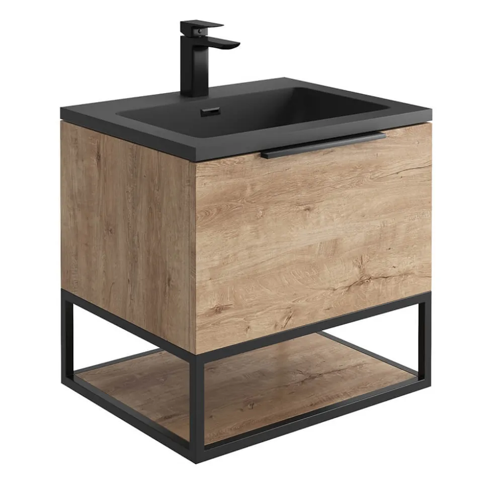 Harbour Virtue 600mm Wall Hung Vanity Unit with LED Illumination, Matt Black Frame Shelf and Handle & Basin