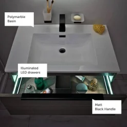 Harbour Virtue 600mm Wall Hung Vanity Unit with LED Illumination, Matt Black Handle & Basin