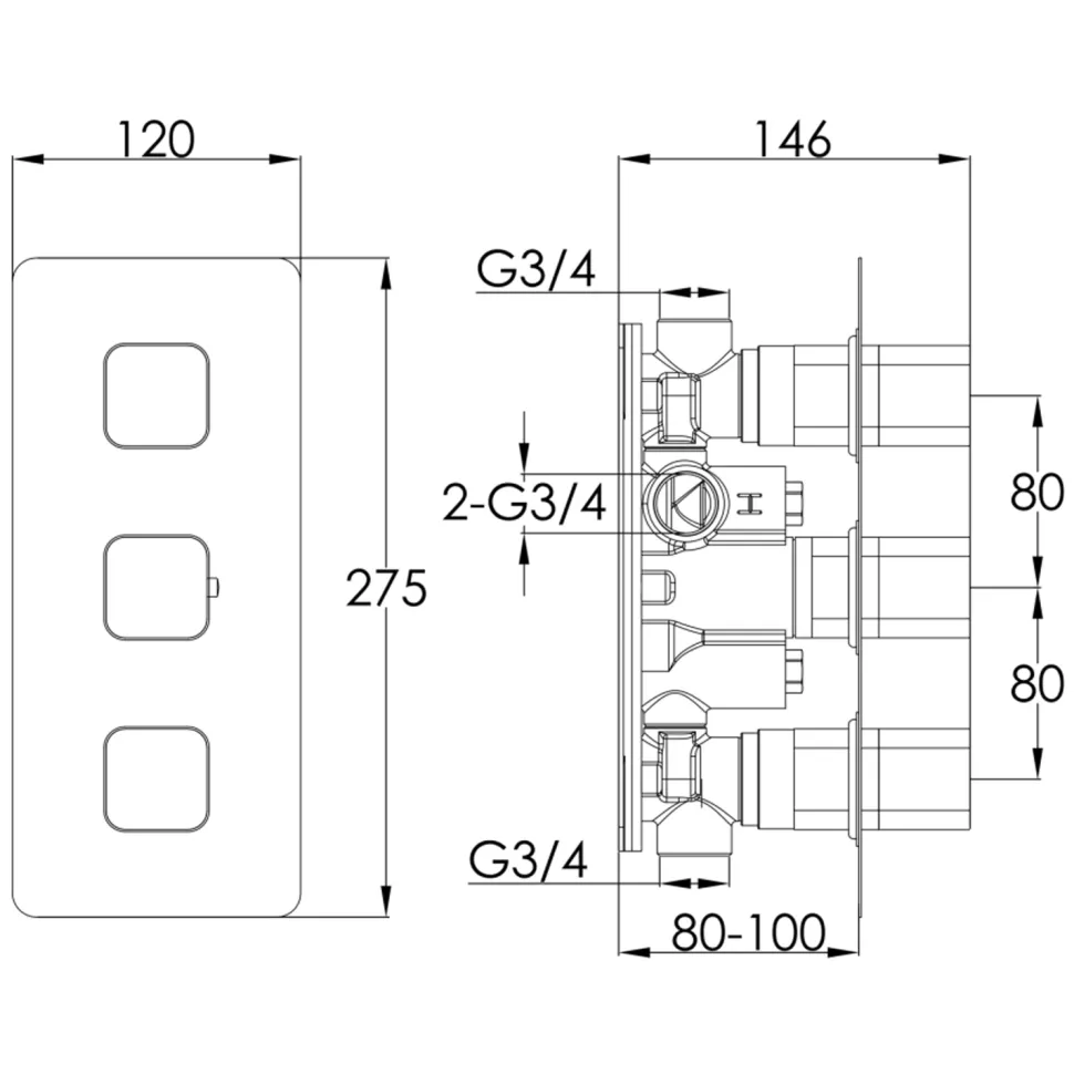 HIX 3 Handle 2 Outlet Concealed Thermostatic Horizontal Shower Valve