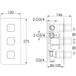 HIX 3 Handle 3 Outlet Concealed Thermostatic Horizontal Shower Valve