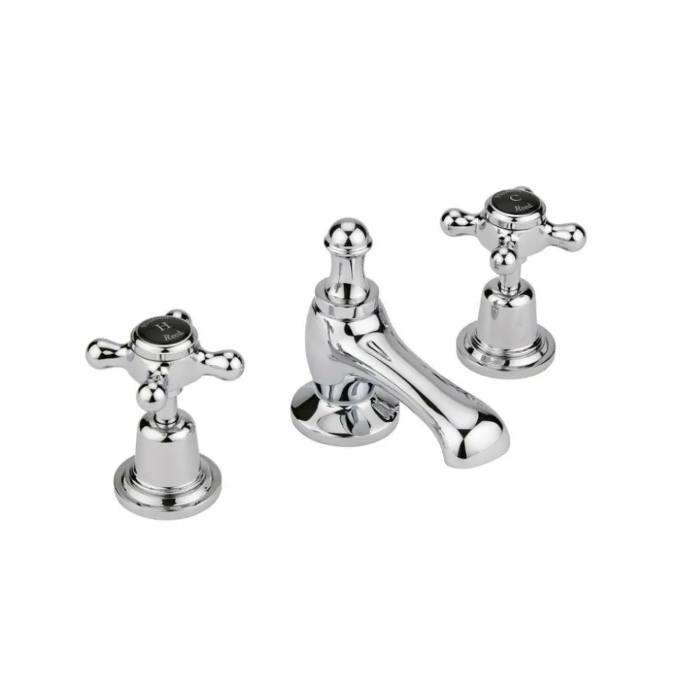Hudson Reed Black Topaz Crosshead 3 Tap Hole Basin Mixer With Dome Collars - Chrome/Black
