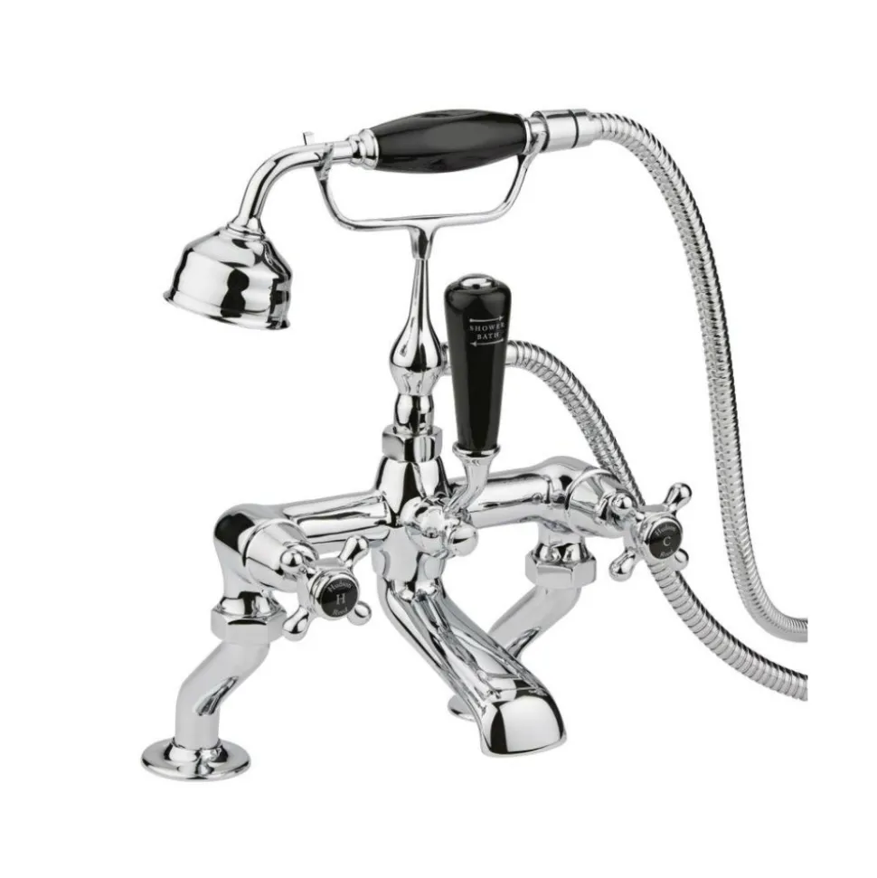 Hudson Reed Black Topaz Crosshead Deck Mounted Bath Shower Mixer with Handset Kit & Dome Collars