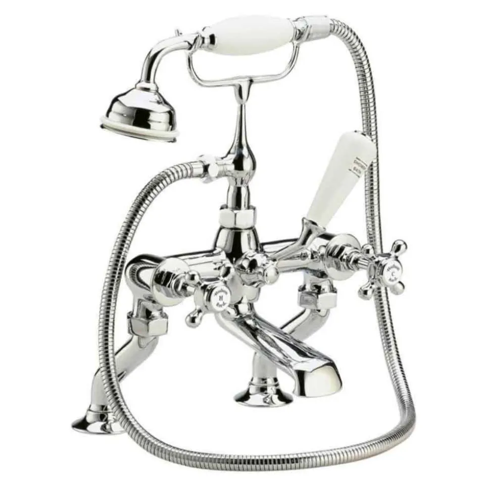 Hudson Reed White Topaz Crosshead Deck Mounted Bath Shower Mixer with Handset Kit & Hexagonal Collar