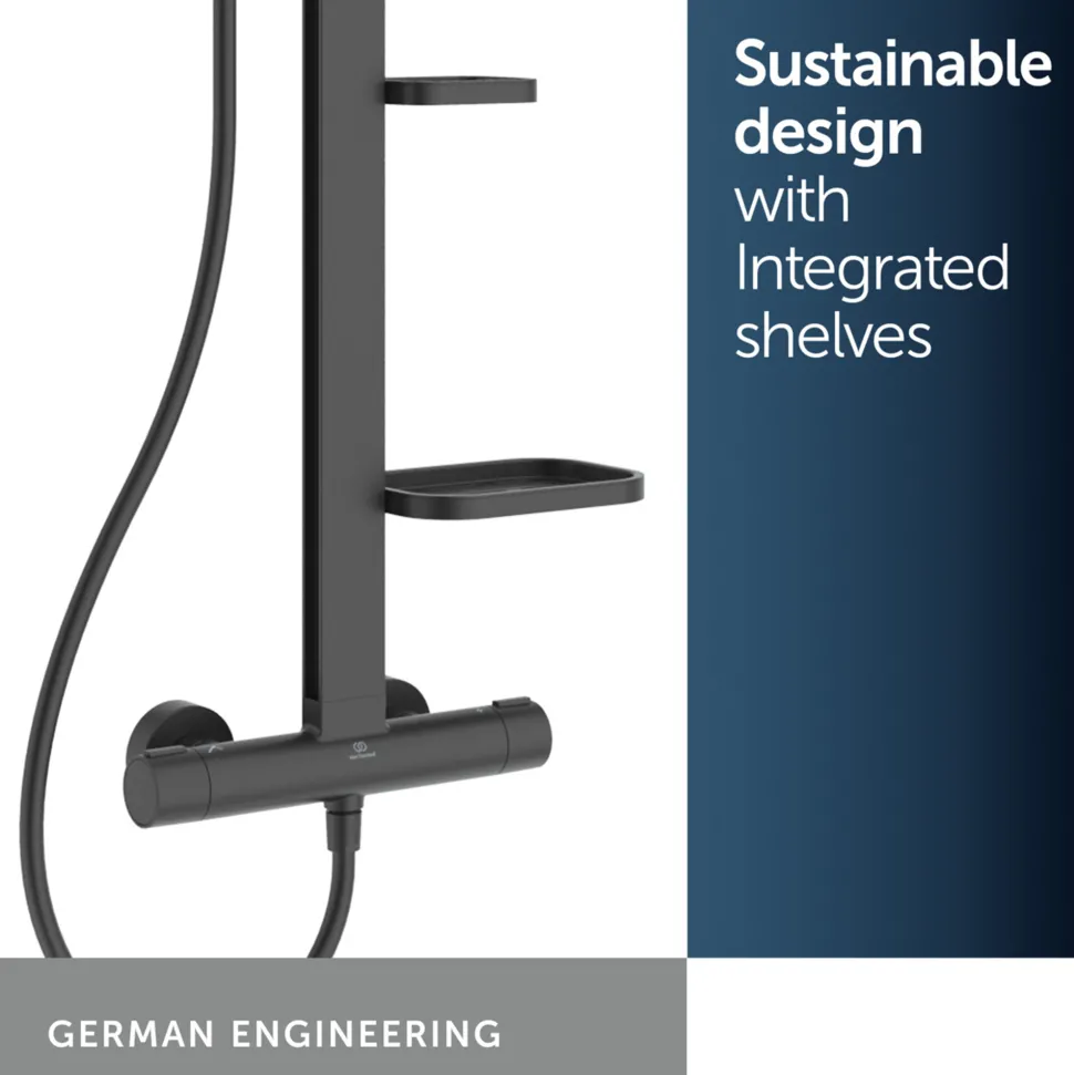 Ideal Standard Ceratherm Alu+ Exposed Thermostatic Shower Kit with Multi-Function Shower Head, Handset & 2 Shelves