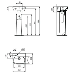 Ideal Standard i.life A 350mm Cloakroom Basin & Pedestal - Left or Right Hand Tap Hole