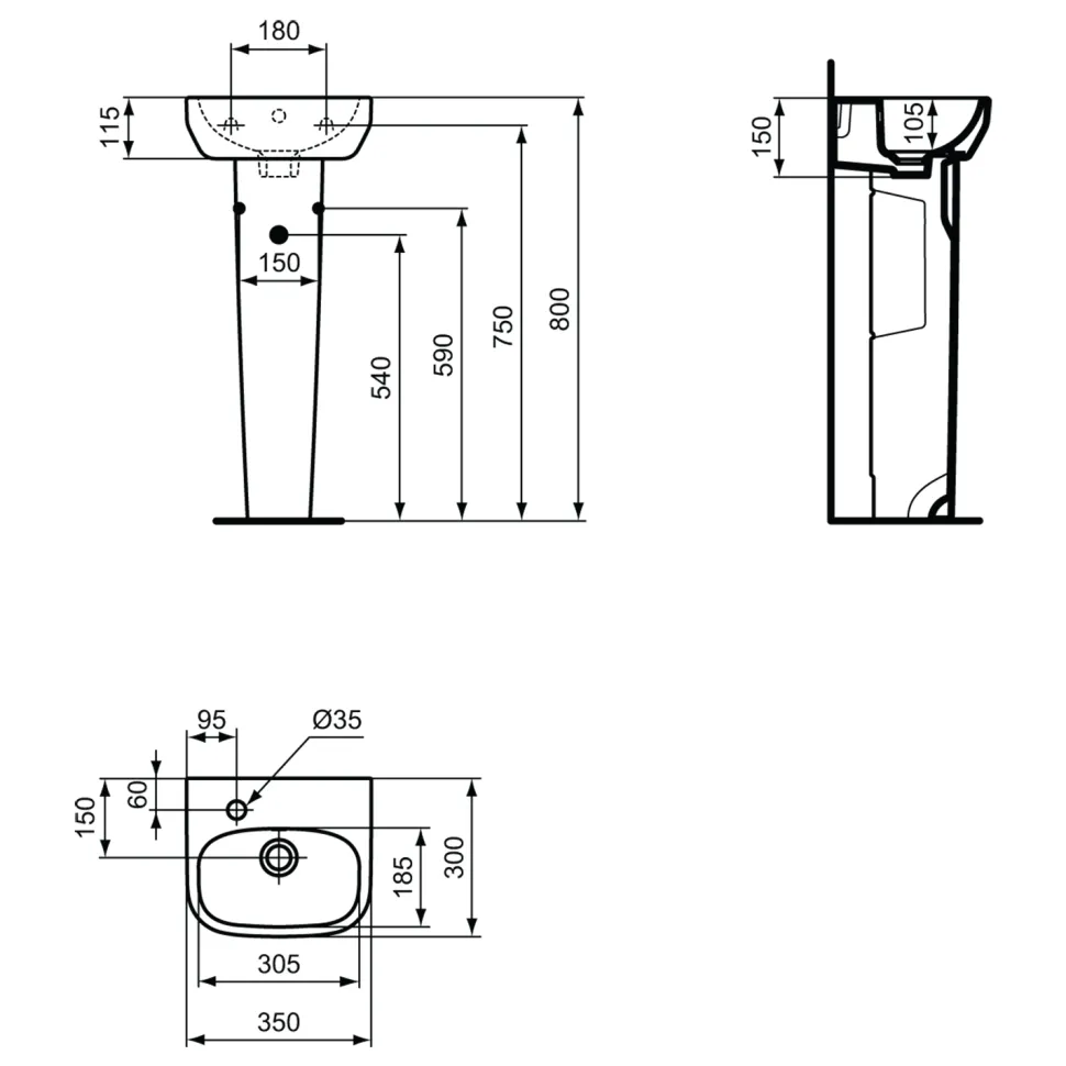 Ideal Standard i.life A 350mm Cloakroom Basin & Pedestal - Left or Right Hand Tap Hole