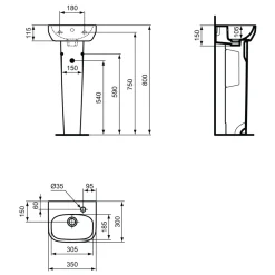 Ideal Standard i.life A 350mm Cloakroom Basin & Pedestal - Left or Right Hand Tap Hole