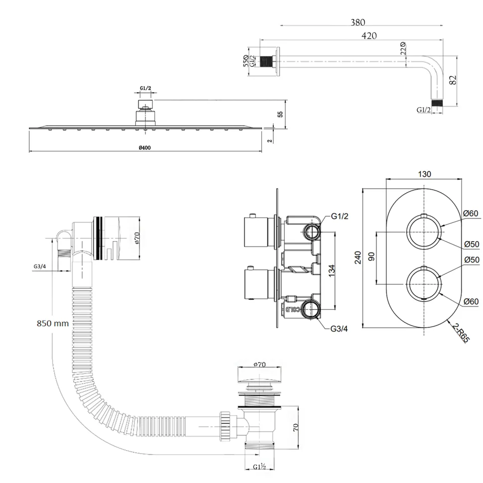 Imogen Concealed Shower Valve, Fixed Shower Head & Overflow Bath Filler