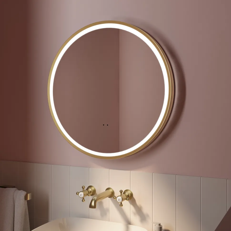 Isla LED Illuminated Round Brushed Brass Framed Mirror with Demister Pad & Colour Change LEDs - 600mm