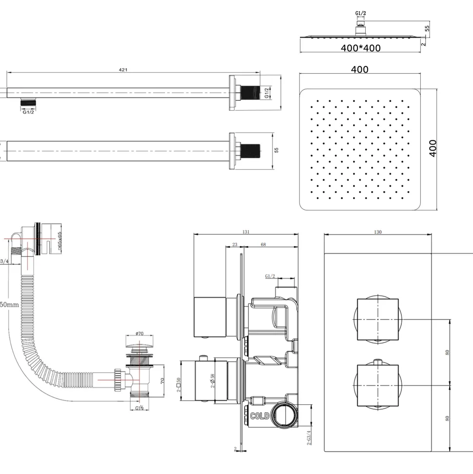 Jake Concealed Shower Valve, Fixed Shower Head & Overflow Bath Filler