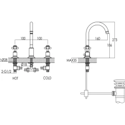 JTP Grosvenor Cross 3 Hole Basin Mixer Tap & Waste