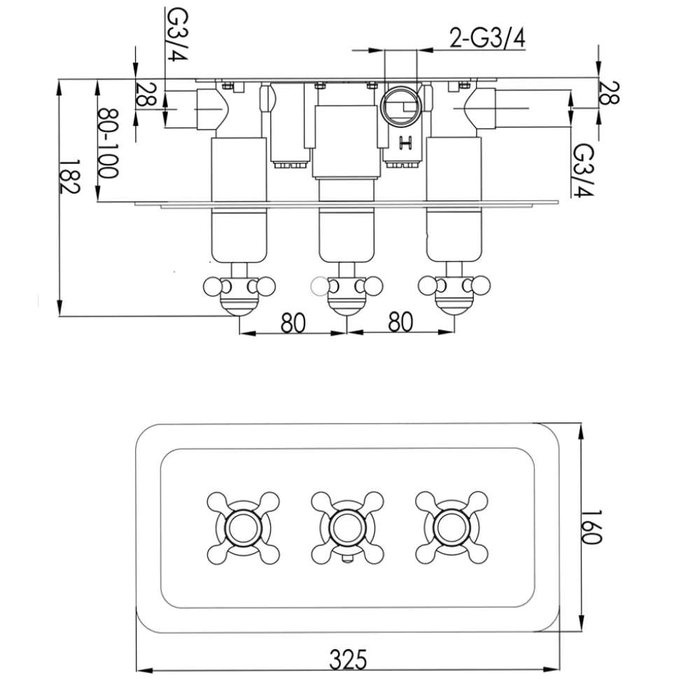 JTP Grosvenor Cross Horizontal Concealed 2 Outlet Shower Valve