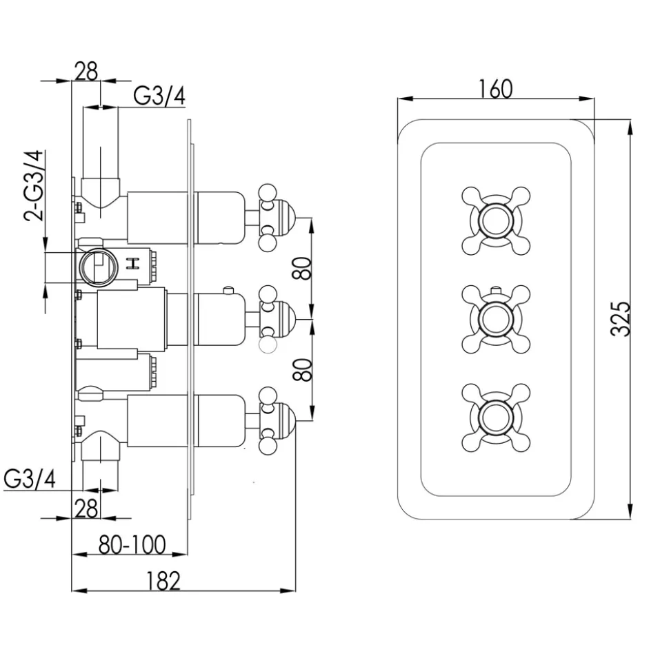 JTP Grosvenor Cross Vertical Concealed 3 Outlet Shower Valve