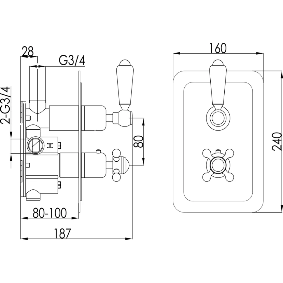 JTP Grosvenor Lever Vertical Concealed 2 Outlet 2 Control Shower Valve
