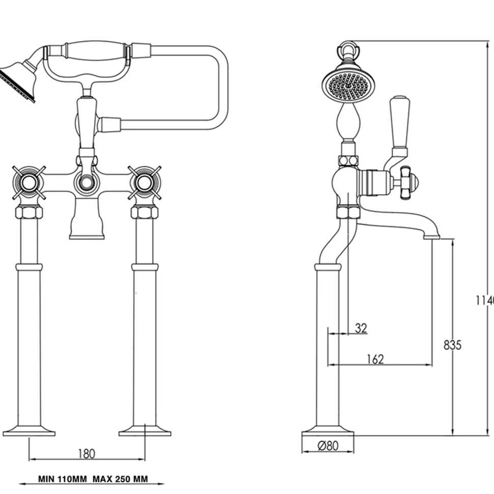 JTP Grosvenor Pinch Floor Standing Bath And Shower Mixer Tap With Shower Kit