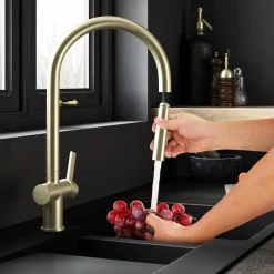 Just Taps VOS Pull Out Spray Single Lever Mono Kitchen Mixer - Brushed Brass