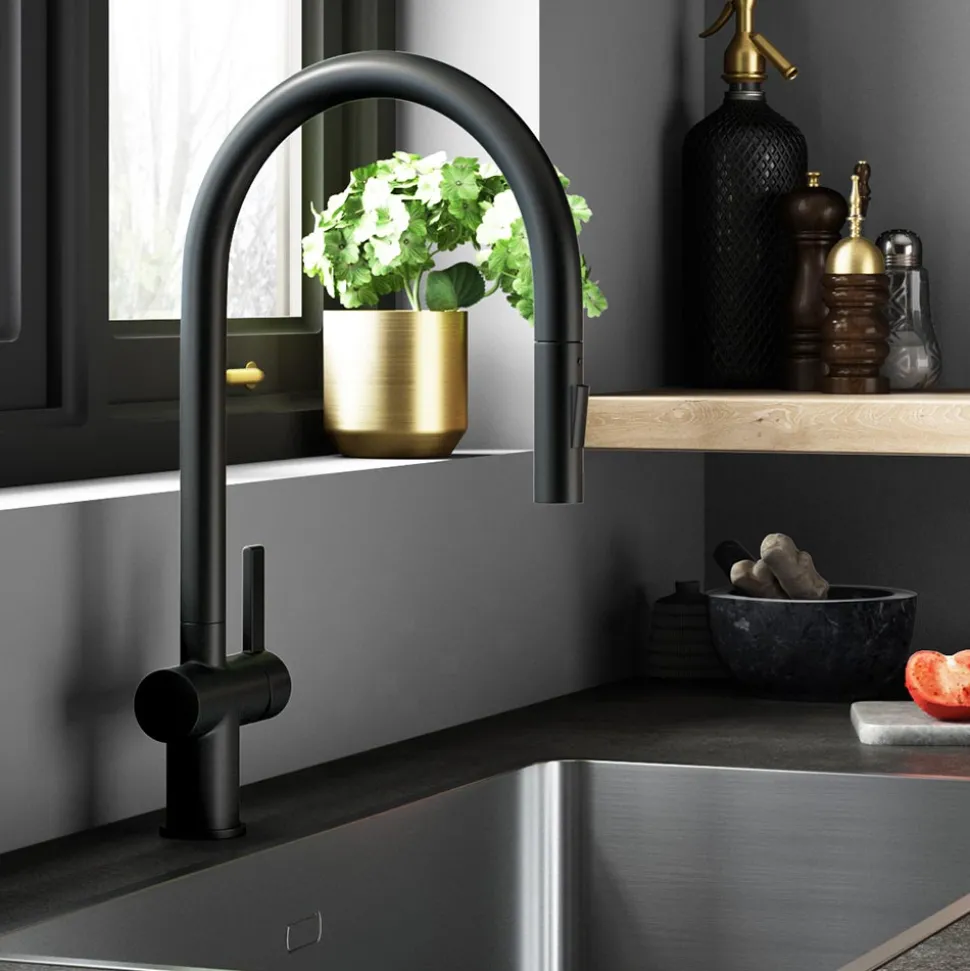 Just Taps VOS Pull Out Spray Single Lever Mono Kitchen Mixer - Matt Black
