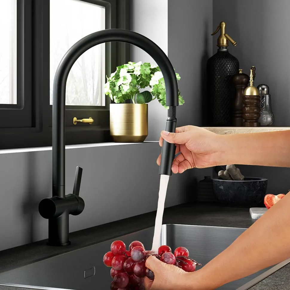 Just Taps VOS Pull Out Spray Single Lever Mono Kitchen Mixer - Matt Black