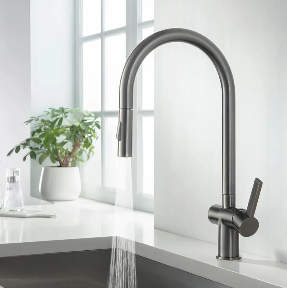 Just Taps VOS Pull Out Spray Single Lever Mono Kitchen Mixer - Brushed Gunmetal Grey