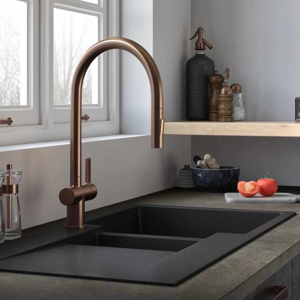 Just Taps VOS Pull Out Spray Single Lever Mono Kitchen Mixer - Brushed Bronze