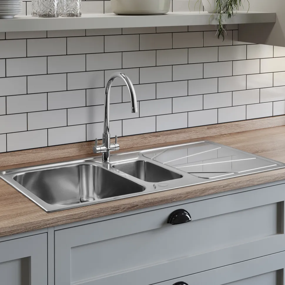 Leisure Nimbus 1.5 Bowl Stainless Steel Kitchen Sink with Reversible Drainer - 1000 x 500mm