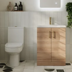 Lorraine Rimless Toilet & Vanity Unit Bathroom Suite with Brushed Brass Handles