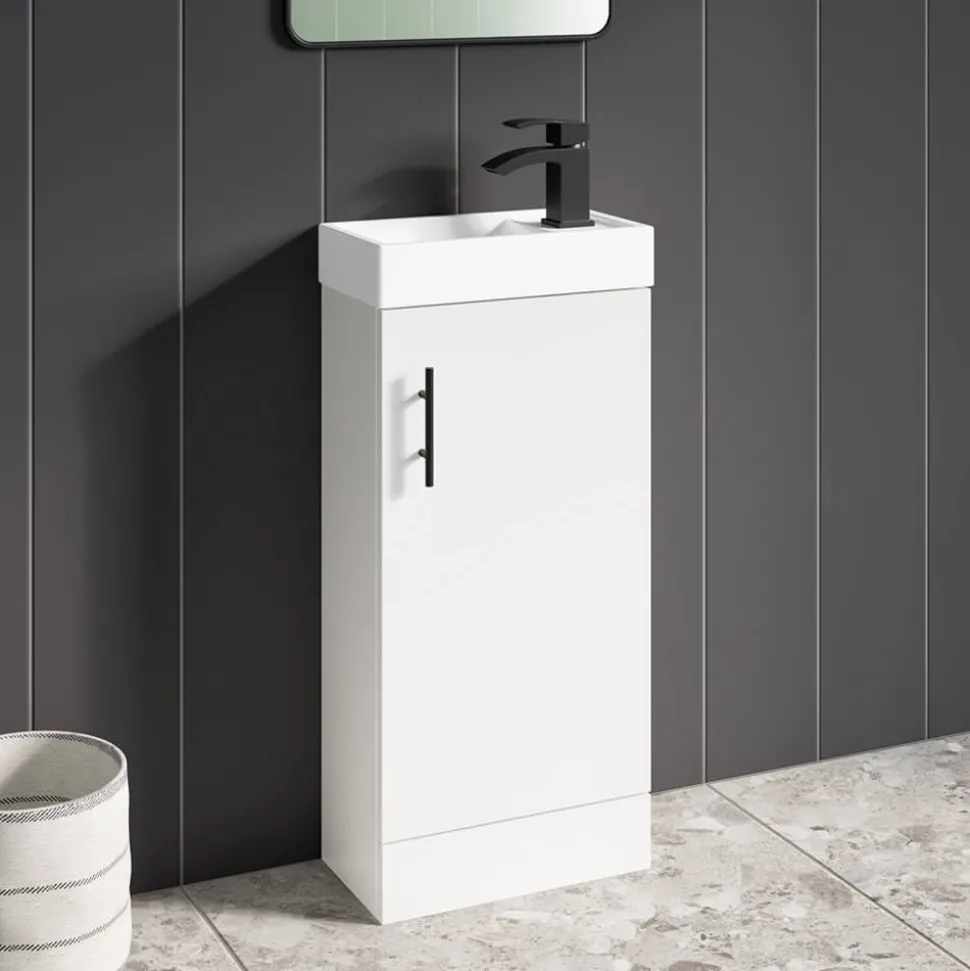 Maisie Compact 400mm Mini Cloakroom Floorstanding Vanity Unit with Black Handle & Basin - Gloss White