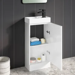 Maisie Compact 400mm Mini Cloakroom Floorstanding Vanity Unit with Black Handle & Basin - Gloss White
