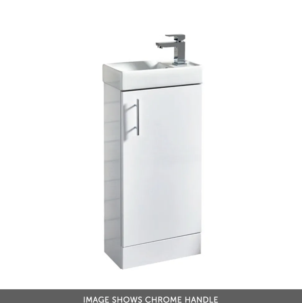 Maisie Compact 400mm Mini Cloakroom Floorstanding Vanity Unit with Black Handle & Basin - Gloss White