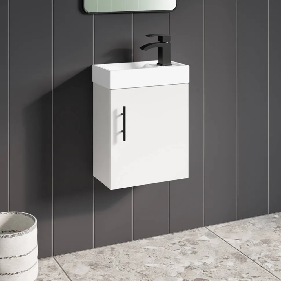 Maisie Compact 400mm Mini Cloakroom Wall Hung Vanity Unit with Black Handle & Basin - Gloss White