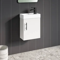 Maisie Compact 400mm Mini Cloakroom Wall Hung Vanity Unit with Black Handle & Basin - Gloss White