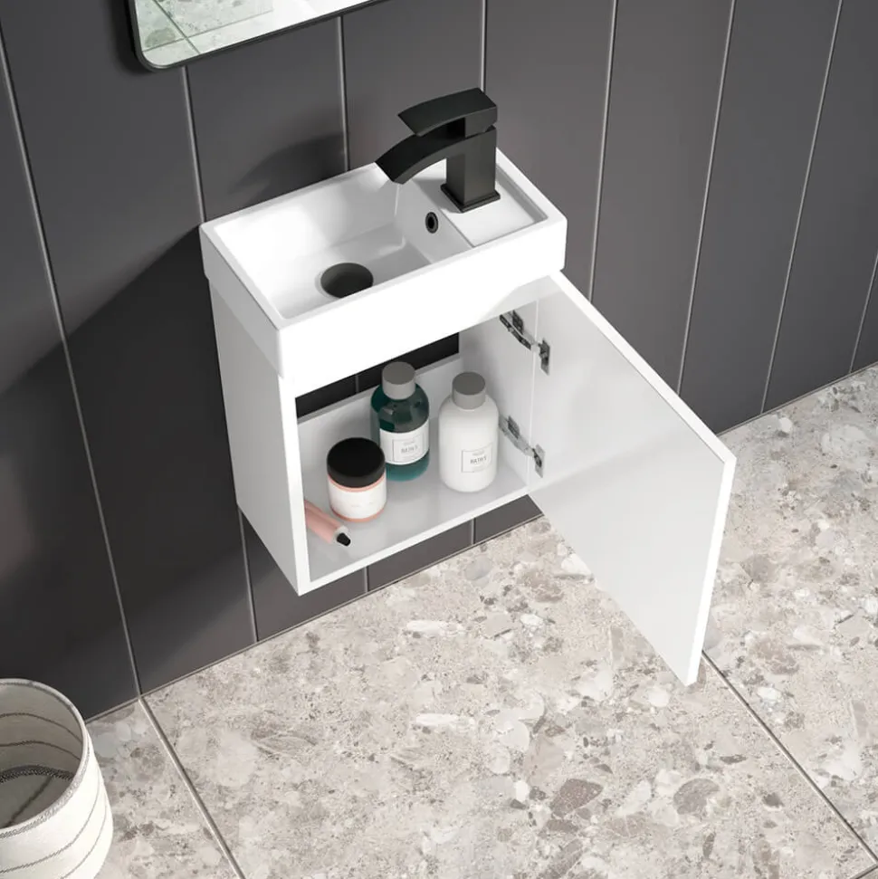 Maisie Compact 400mm Mini Cloakroom Wall Hung Vanity Unit with Black Handle & Basin - Gloss White