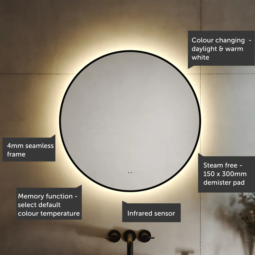 Marcos LED Illuminated Round Framed Mirror with Demister Pad & Colour Change Lights - 600mm