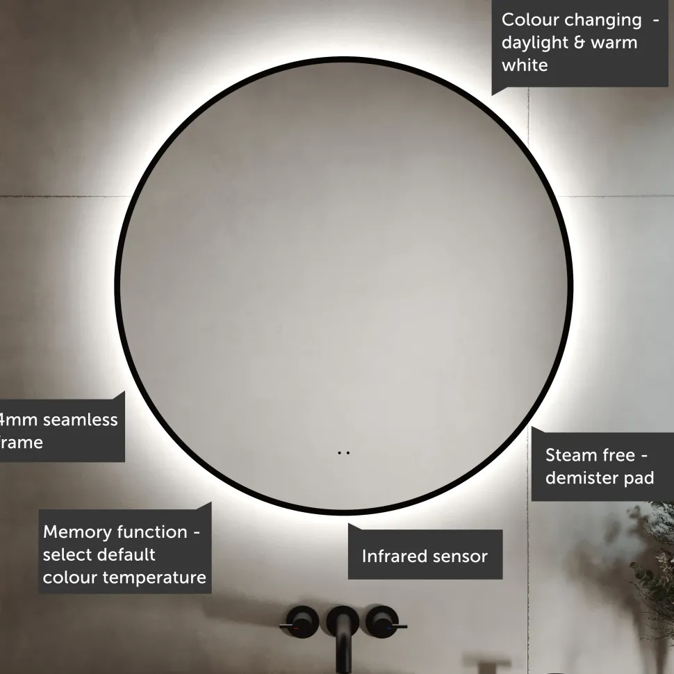 Marcos LED Illuminated Round Framed Mirror with Demister Pad & Colour Change Lights - 800mm