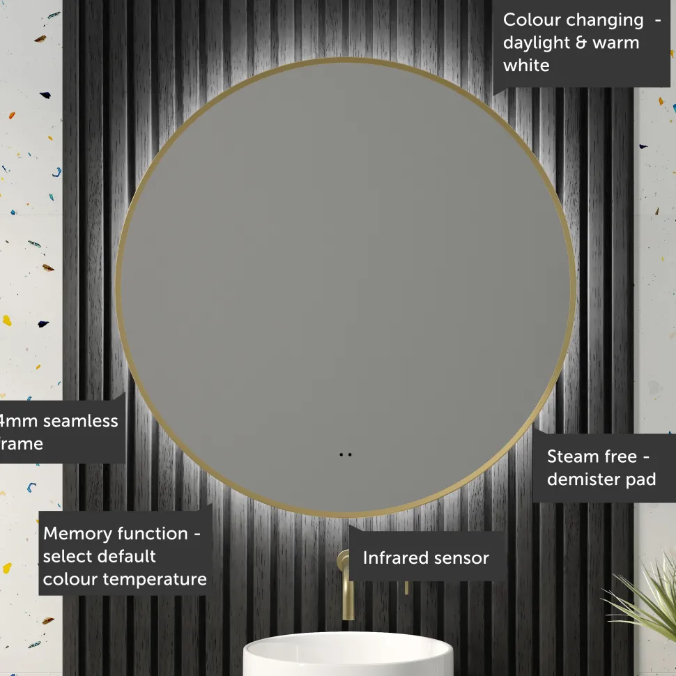 Marcos LED Illuminated Round Framed Mirror with Demister Pad & Colour Change Lights - 800mm