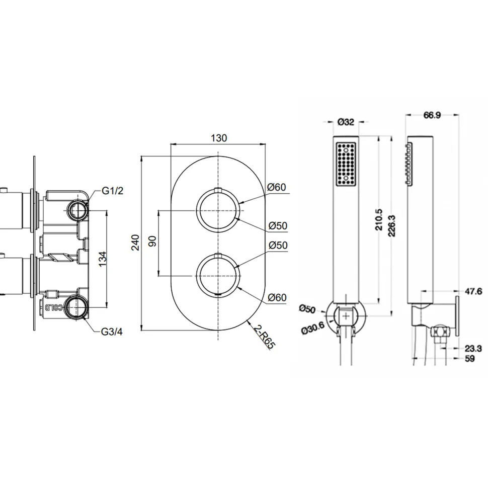 Nina Concealed Shower Valve, Fixed Shower Head & Handset