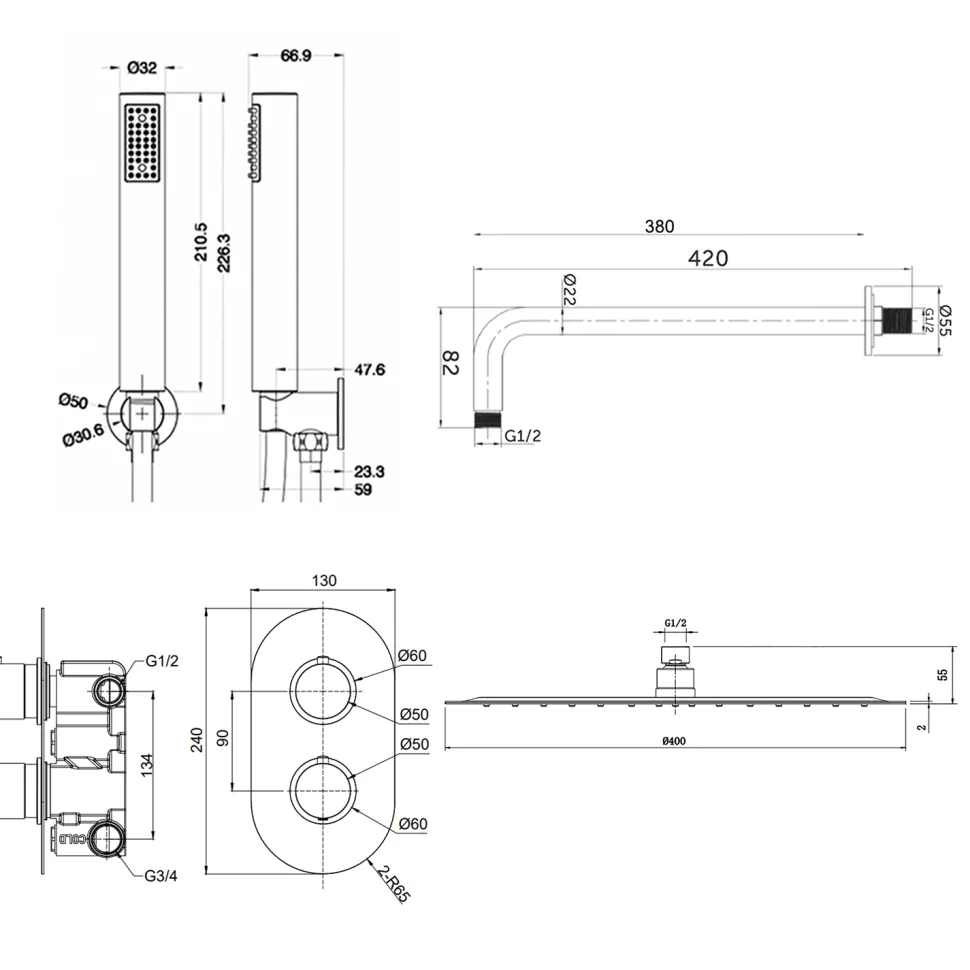 Nina Concealed Shower Valve, Fixed Shower Head & Handset