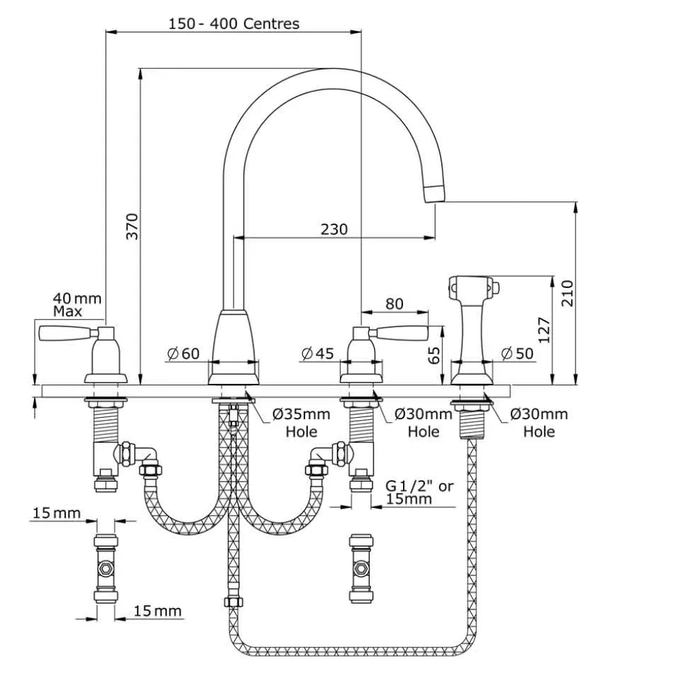 Perrin & Rowe Langbourn 4 Hole Curved Spout Mixer with Lever Handles & Pull-Out Rinse