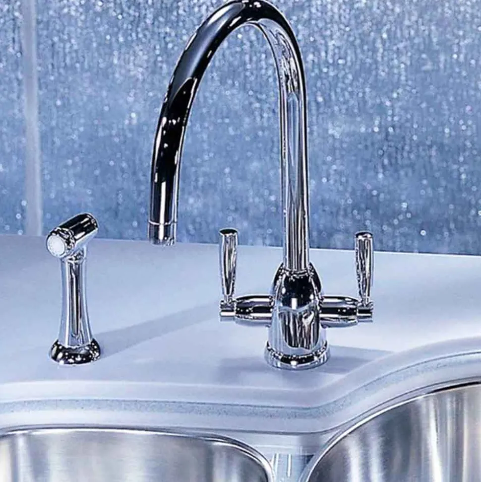 Perrin & Rowe Langbourn Twin Lever Swivel 'C' Spout Sink Mixer with Rinse