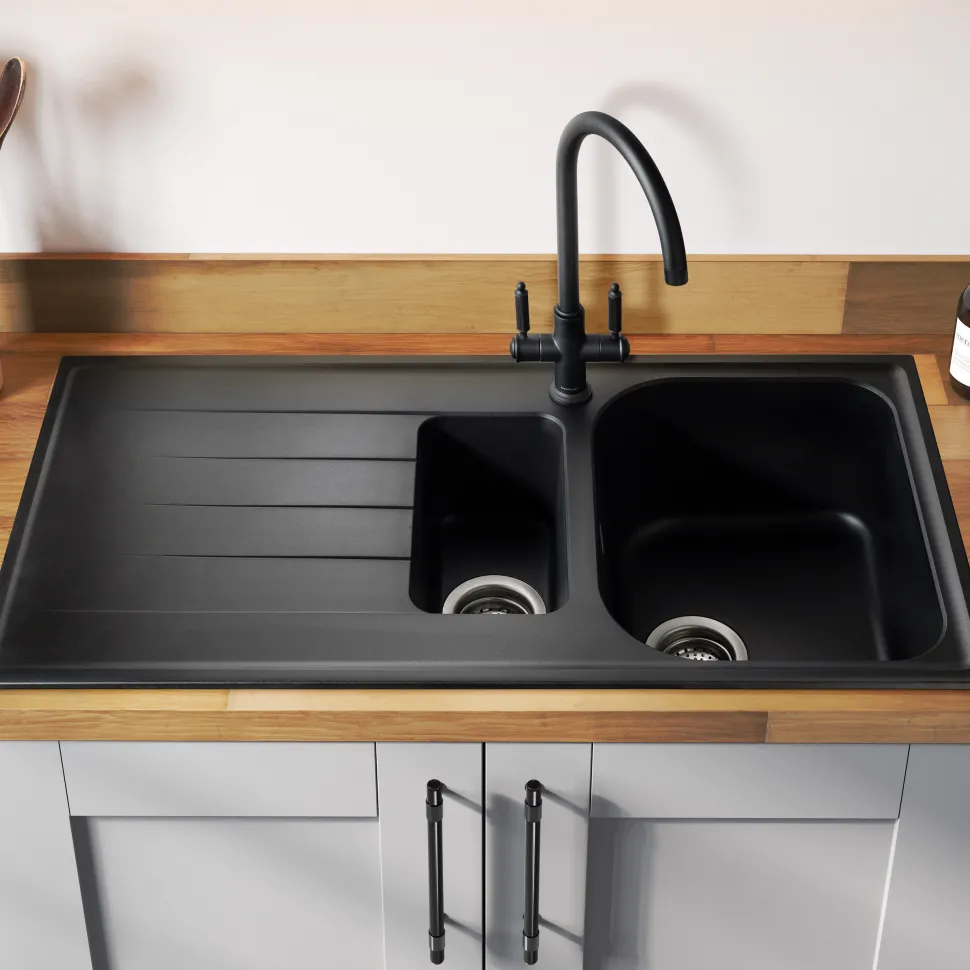 Rangemaster Amethyst Igneous Granite 1.5 Bowl Kitchen Sink with Reversible Drainer & Waste Kit - 1000 x 500mm