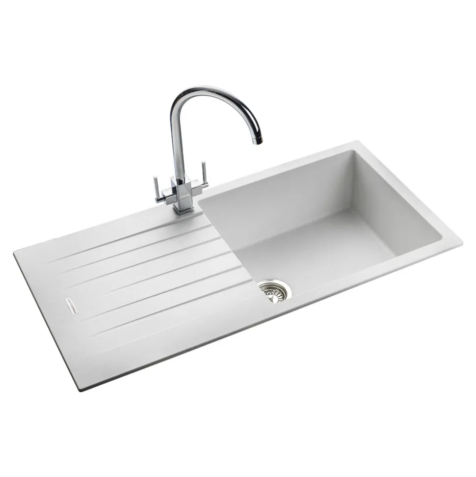 Rangemaster Andesite Large 1 Bowl Granite Crystal White Sink & Waste Kit with Reversible Drainer - 1000 x 500mm